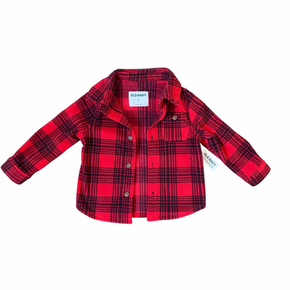 Old Navy Black & Red Buffalo Plaid Fleece Button Up Jacket Size 2t NWT Christmas